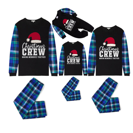 Blue and Green Plaid Christmas Pajamas Set With Santa Hat and "Christmas CREW" Print