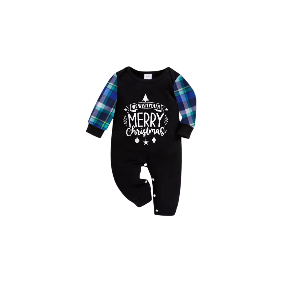 Blue and Green Plaid Christmas Pajamas Set With "WE WISH YOU A MERRY Christmas" White and Black Text Print
