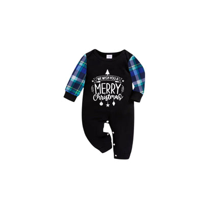 Blue and Green Plaid Christmas Pajamas Set With "WE WISH YOU A MERRY Christmas" White and Black Text Print