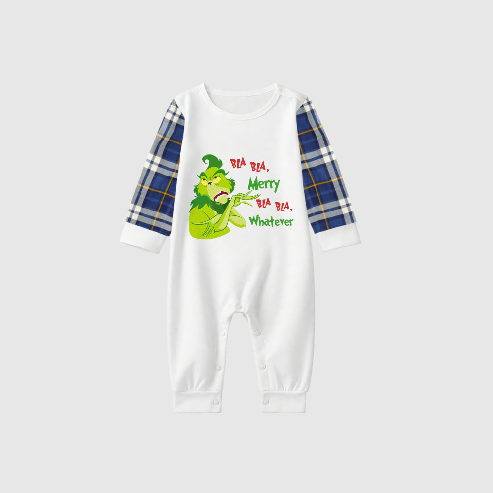 Christmas Family Matching Pajamas-Blue Raglan Top Blue Plaid Pants Pjs Set with Christmas Grinch Print