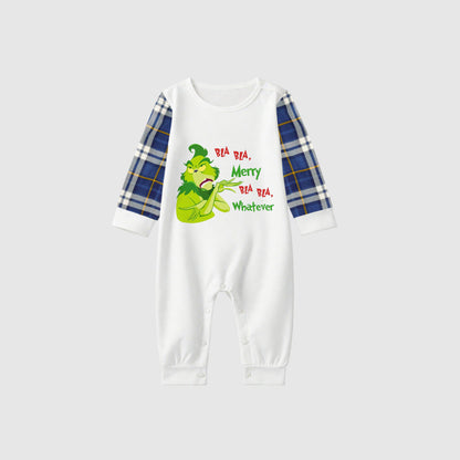 Christmas Family Matching Pajamas-Blue Raglan Top Blue Plaid Pants Pjs Set with Christmas Grinch Print