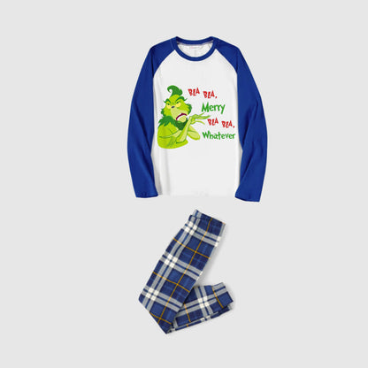 Christmas Family Matching Pajamas-Blue Raglan Top Blue Plaid Pants Pjs Set with Christmas Grinch Print