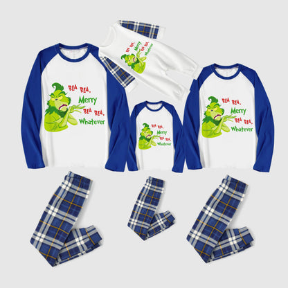 Christmas Family Matching Pajamas-Blue Raglan Top Blue Plaid Pants Pjs Set with Christmas Grinch Print