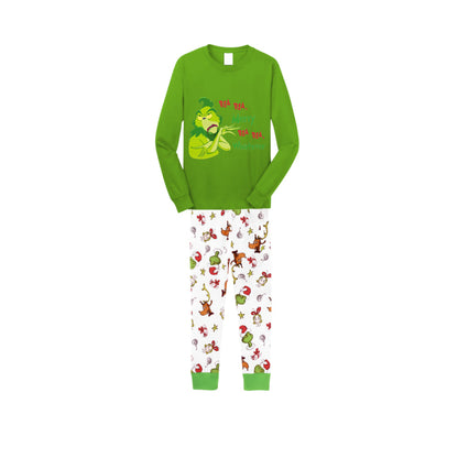 Christmas Family Matching Pajamas-Green Top and Grinch Pants Pjs Set with Christmas Grinch Cartoon Print
