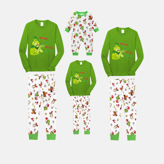 Christmas Family Matching Pajamas-Green Top and Grinch Pants Pjs Set with Christmas Grinch Cartoon Print