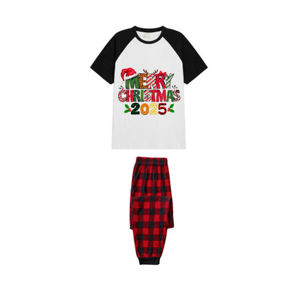 Black and Red Plaid Raglan Short Sleeve Pajamas Set With "Merry Christmas" Artistic Font Print