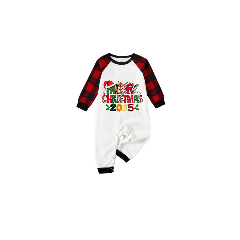 Black and Red Plaid Raglan Short Sleeve Pajamas Set With "Merry Christmas" Artistic Font Print