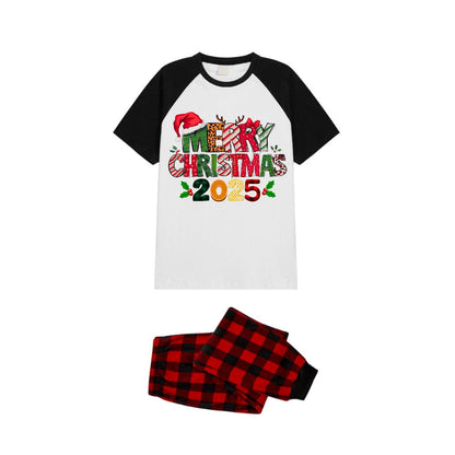 Black and Red Plaid Raglan Short Sleeve Pajamas Set With "Merry Christmas" Artistic Font Print