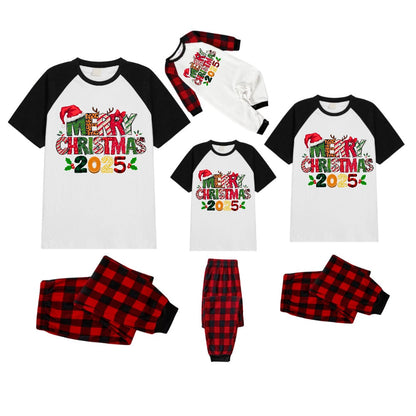 Black and Red Plaid Raglan Short Sleeve Pajamas Set With "Merry Christmas" Artistic Font Print