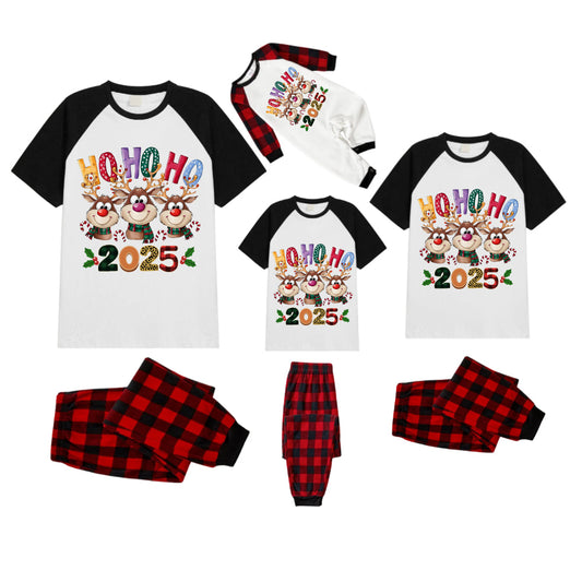 Black and Red Plaid Raglan Short Sleeve Pajamas Set With Cartoon Reindeer and "HO HO HO" Print