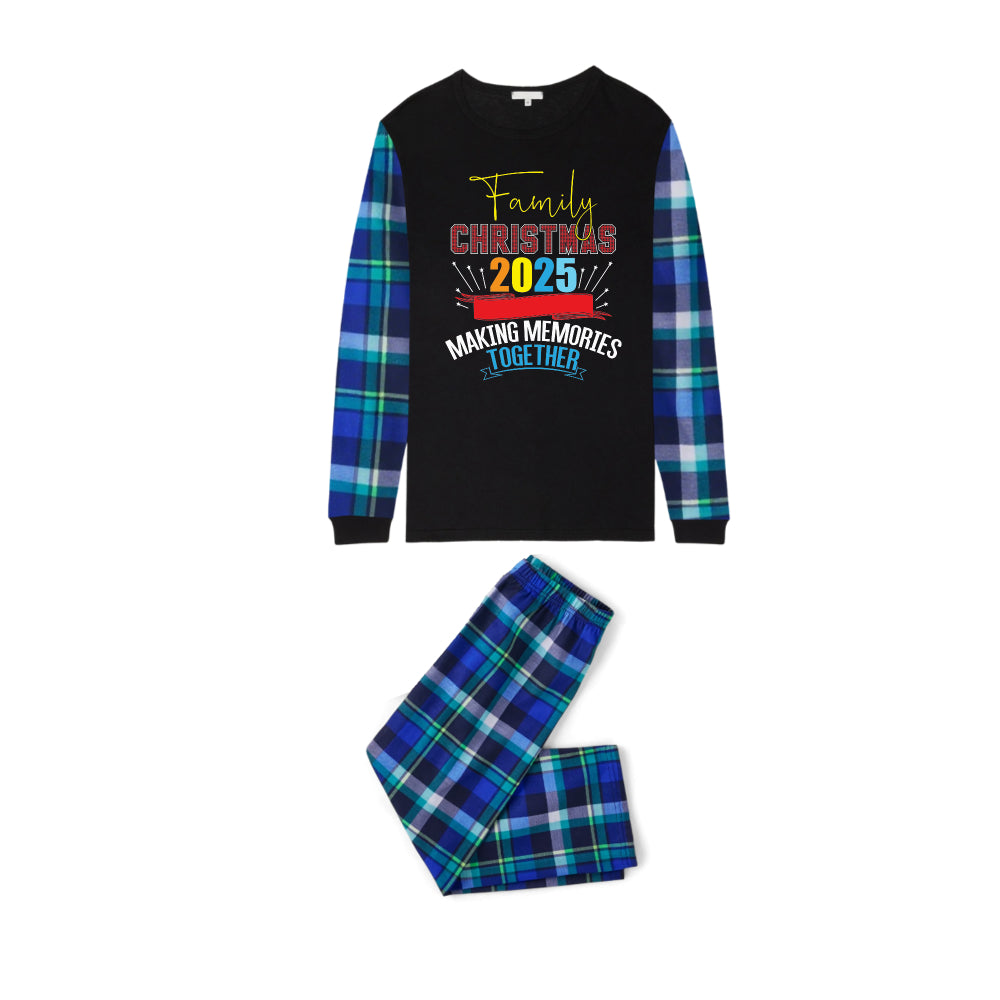 Blue and Green Plaid Christmas Pajamas Set With "Family Christmas 2025 Making Memories Together" Colorful Print