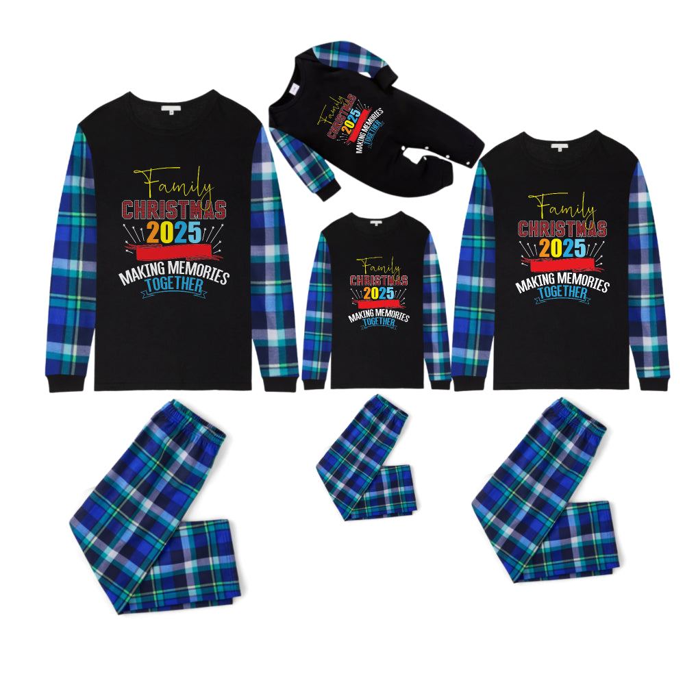 Blue and Green Plaid Christmas Pajamas Set With "Family Christmas 2025 Making Memories Together" Colorful Print