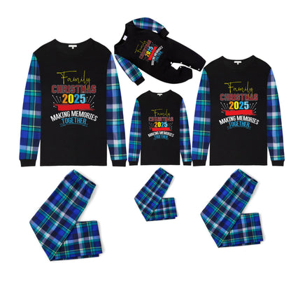 Blue and Green Plaid Christmas Pajamas Set With "Family Christmas 2025 Making Memories Together" Colorful Print