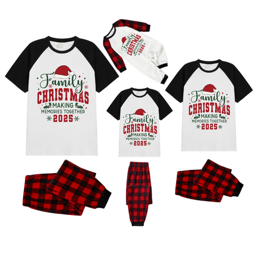 Black and Red Plaid Raglan Short Sleeve Pajamas Set With "Family Christmas Making Memories Together 2025" Slogan Print