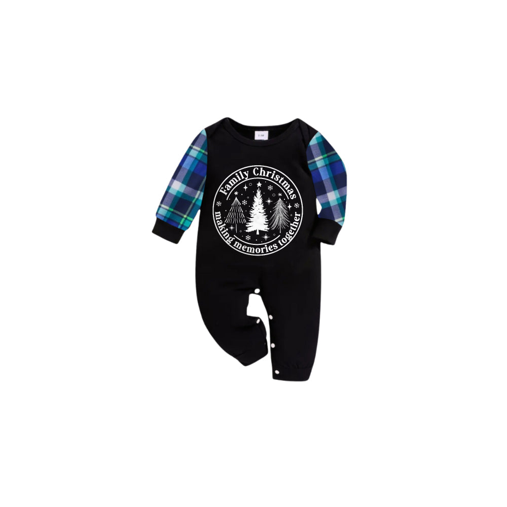 Blue and Green Plaid Christmas Pajamas Set With Christmas trees and "Family Christmas" White and Black Print