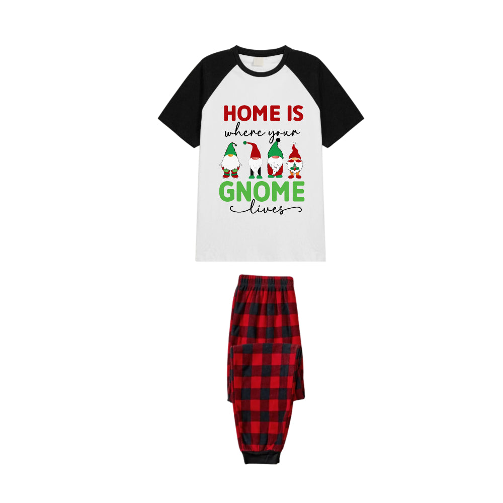 Black and Red Plaid Raglan Short Sleeve Pajamas Set With "Home Is Where Your Gnome Lives" Slogan Print