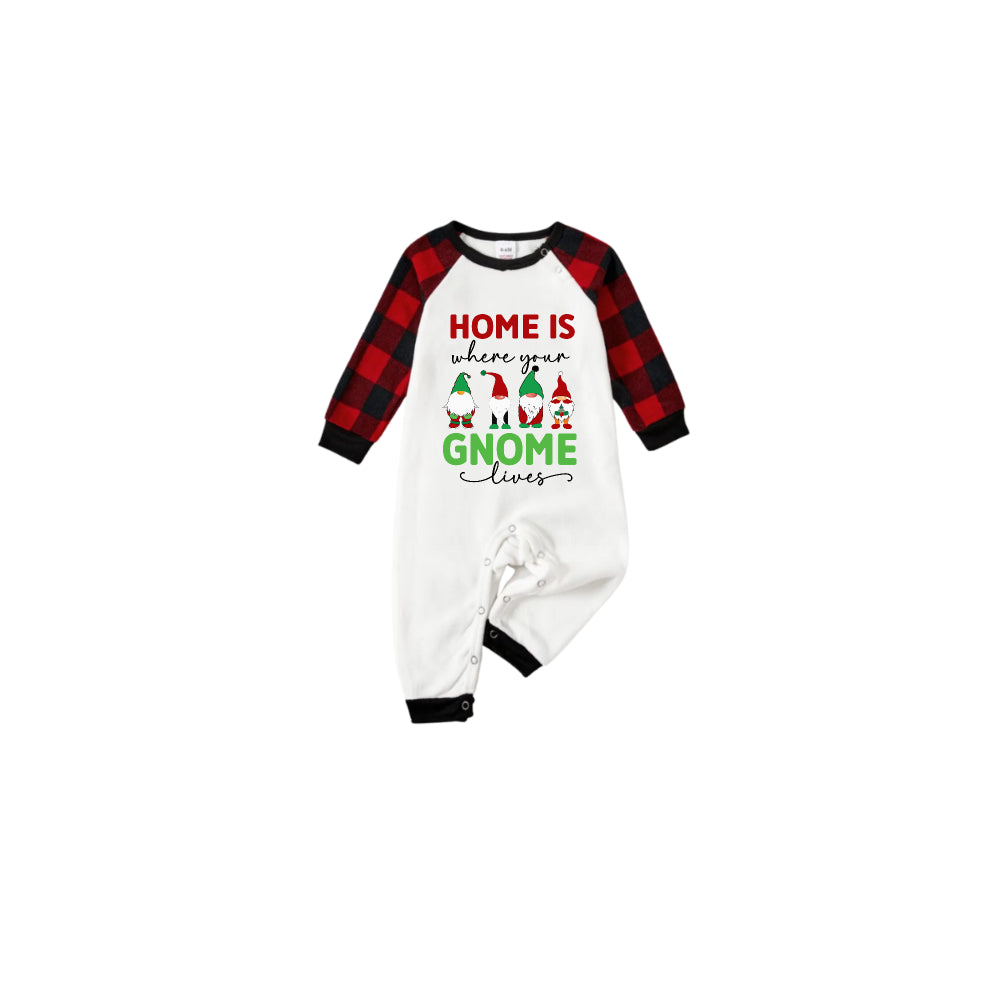Black and Red Plaid Raglan Short Sleeve Pajamas Set With "Home Is Where Your Gnome Lives" Slogan Print
