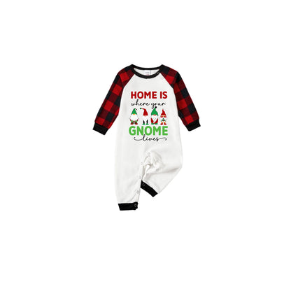 Black and Red Plaid Raglan Short Sleeve Pajamas Set With "Home Is Where Your Gnome Lives" Slogan Print