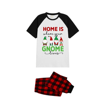 Black and Red Plaid Raglan Short Sleeve Pajamas Set With "Home Is Where Your Gnome Lives" Slogan Print