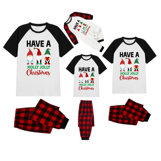 Black and Red Plaid Raglan Short Sleeve Pajamas Set With Cute Gnomes and "Have A Holly Jolly Christmas" Slogan Print