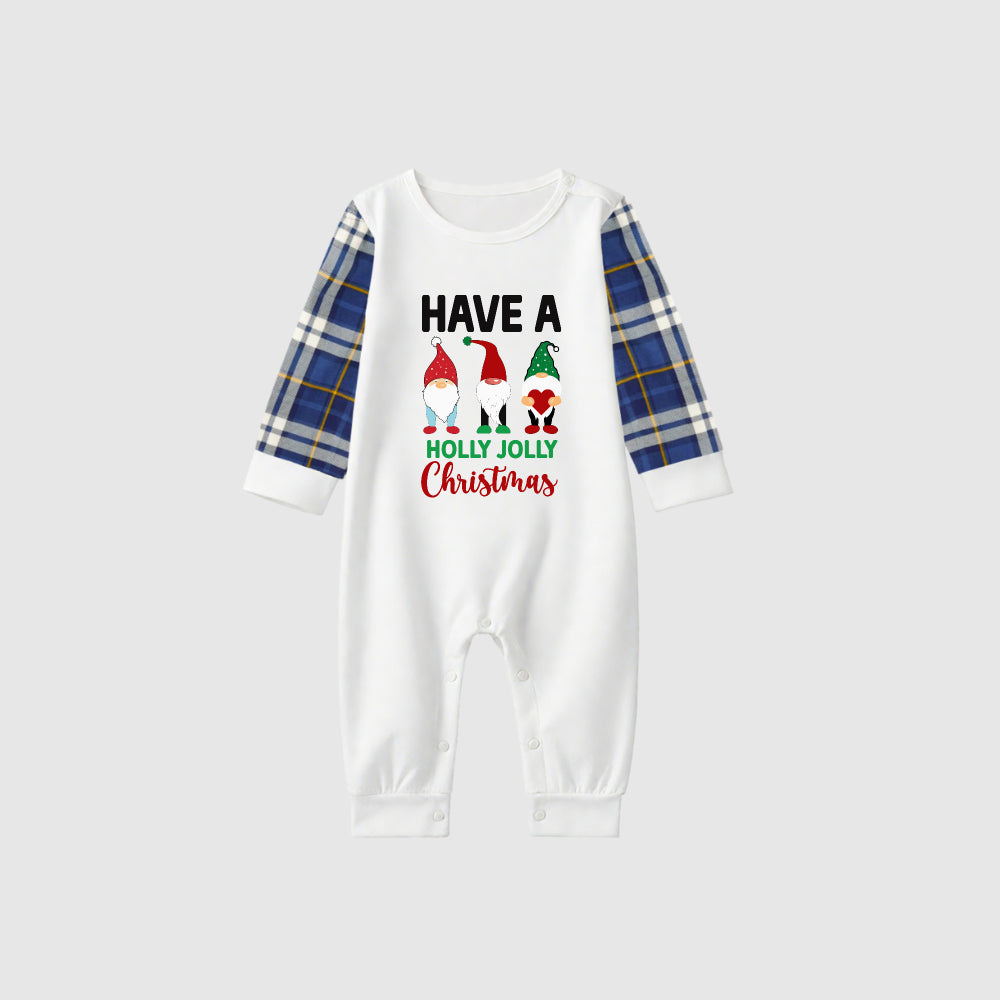 Christmas Family Matching Pajamas-Blue Raglan Top Blue Plaid Pants Pjs Set with Gnome and "Have A Holly Jolly Christmas" Print