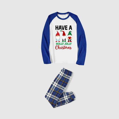 Christmas Family Matching Pajamas-Blue Raglan Top Blue Plaid Pants Pjs Set with Gnome and "Have A Holly Jolly Christmas" Print