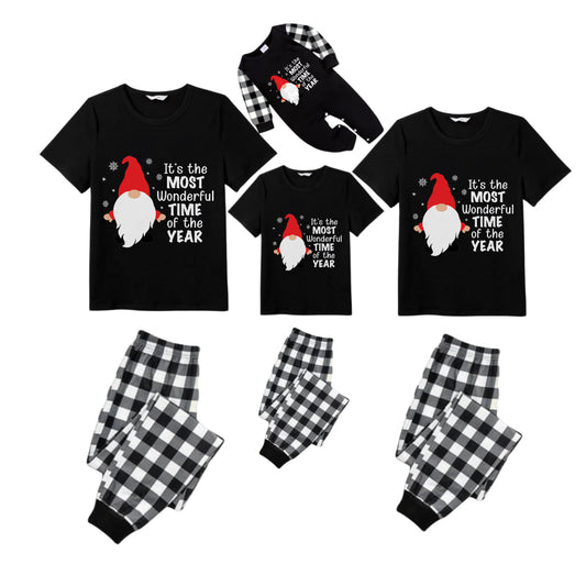 Black and White Plaid Short Sleeve Christmas Pajamas Set Featuring Gnome with Santa Quotes