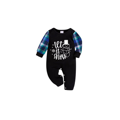 Blue and Green Plaid Christmas Pajamas Set With Snowman and "Let it snow" White and Black Print