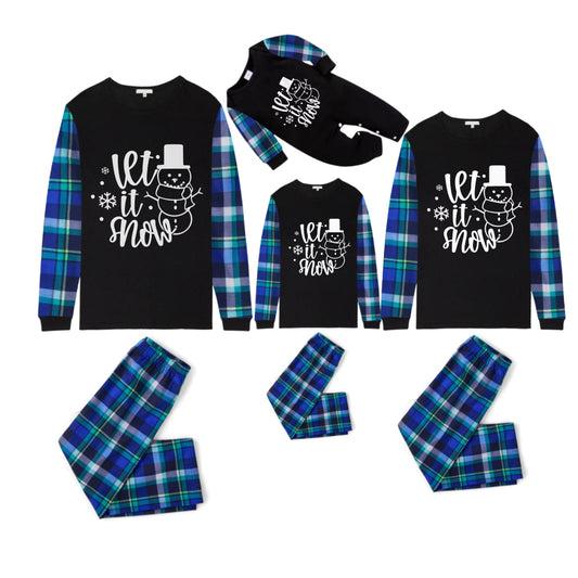 Blue and Green Plaid Christmas Pajamas Set With Snowman and "Let it snow" White and Black Print