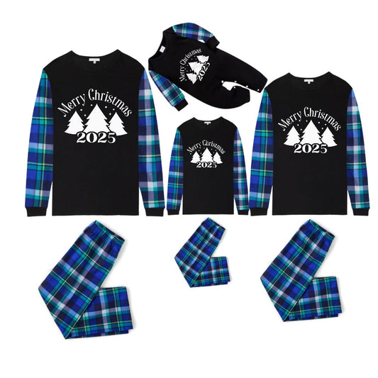 Blue and Green Plaid Christmas Pajamas Set With Christmas Trees and "Merry Christmas 2025" White and Black Print