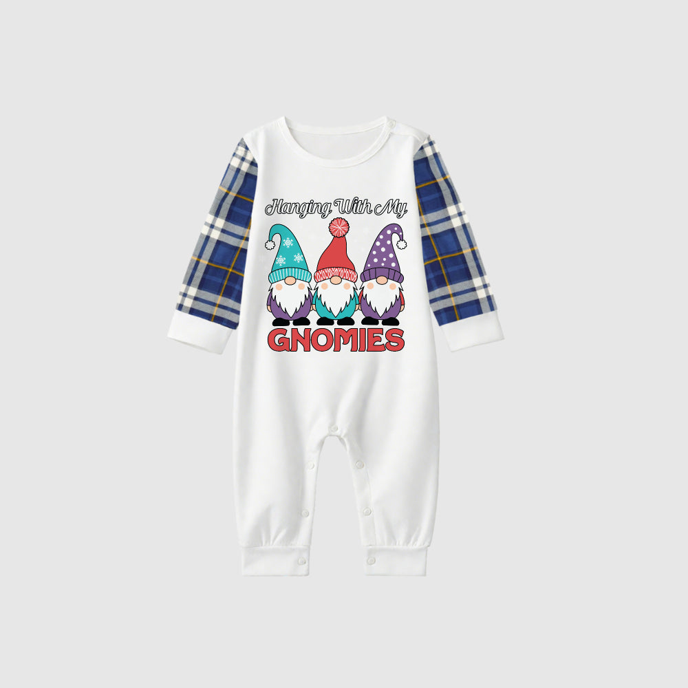 Christmas Family Matching Pajamas-Blue Raglan Top Blue Plaid Pants Pjs Set with Gnome and "Hanging With My Gnomies" Print