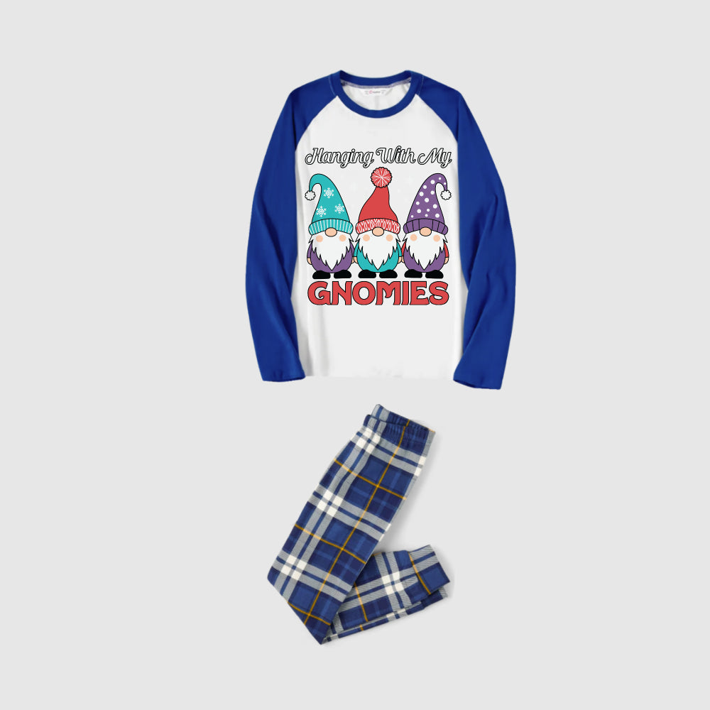 Christmas Family Matching Pajamas-Blue Raglan Top Blue Plaid Pants Pjs Set with Gnome and "Hanging With My Gnomies" Print