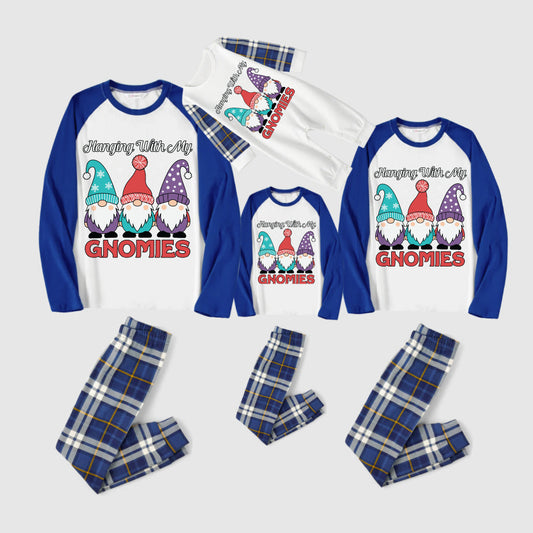 Christmas Family Matching Pajamas-Blue Raglan Top Blue Plaid Pants Pjs Set with Gnome and "Hanging With My Gnomies" Print