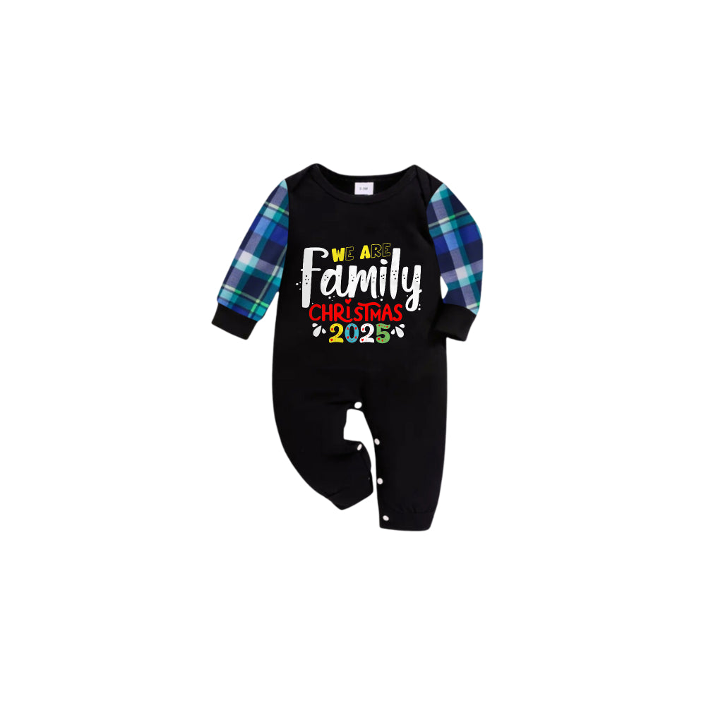 Blue and Green Plaid Christmas Pajamas Set With "We Are Family" and Christmas 2025 Colorful Print