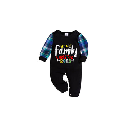 Blue and Green Plaid Christmas Pajamas Set With "We Are Family" and Christmas 2025 Colorful Print