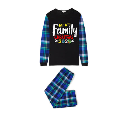 Blue and Green Plaid Christmas Pajamas Set With "We Are Family" and Christmas 2025 Colorful Print