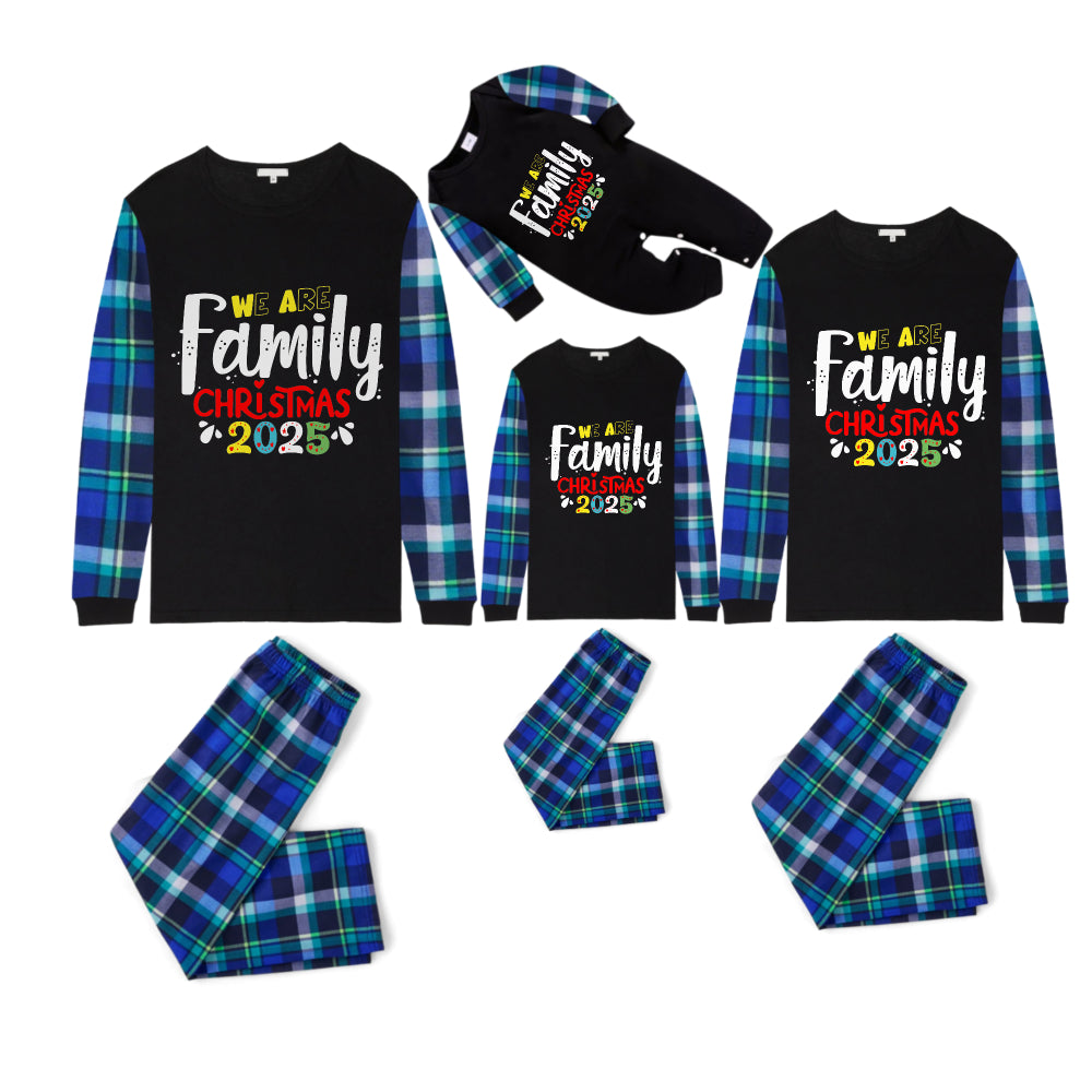 Blue and Green Plaid Christmas Pajamas Set With "We Are Family" and Christmas 2025 Colorful Print