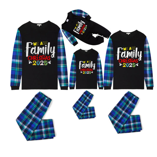 Blue and Green Plaid Christmas Pajamas Set With "We Are Family" and Christmas 2025 Colorful Print