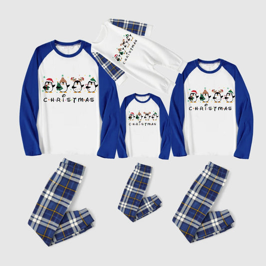 Christmas Family Matching Pajamas-Blue Raglan Top Blue Plaid Pants Pjs Set with Penguin and "Christmas" Letter Print