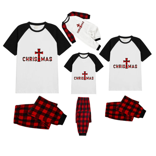 Black and Red Plaid Raglan Short Sleeve Pajamas Set With "Christmas" Artistic Text Print