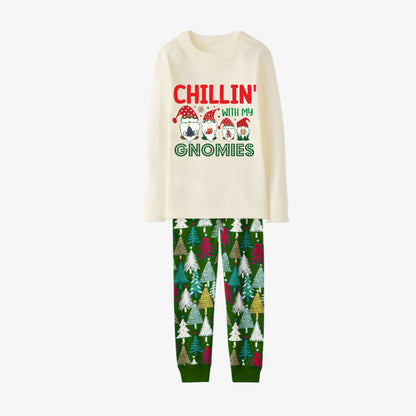 Family Christmas Pajamas Set With Gnomies and Holiday Lettering