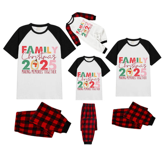 Black and Red Plaid Raglan Short Sleeve Pajamas Set With Snowman and "Family Christmas 2025 Making Memories Together" Slogan Print