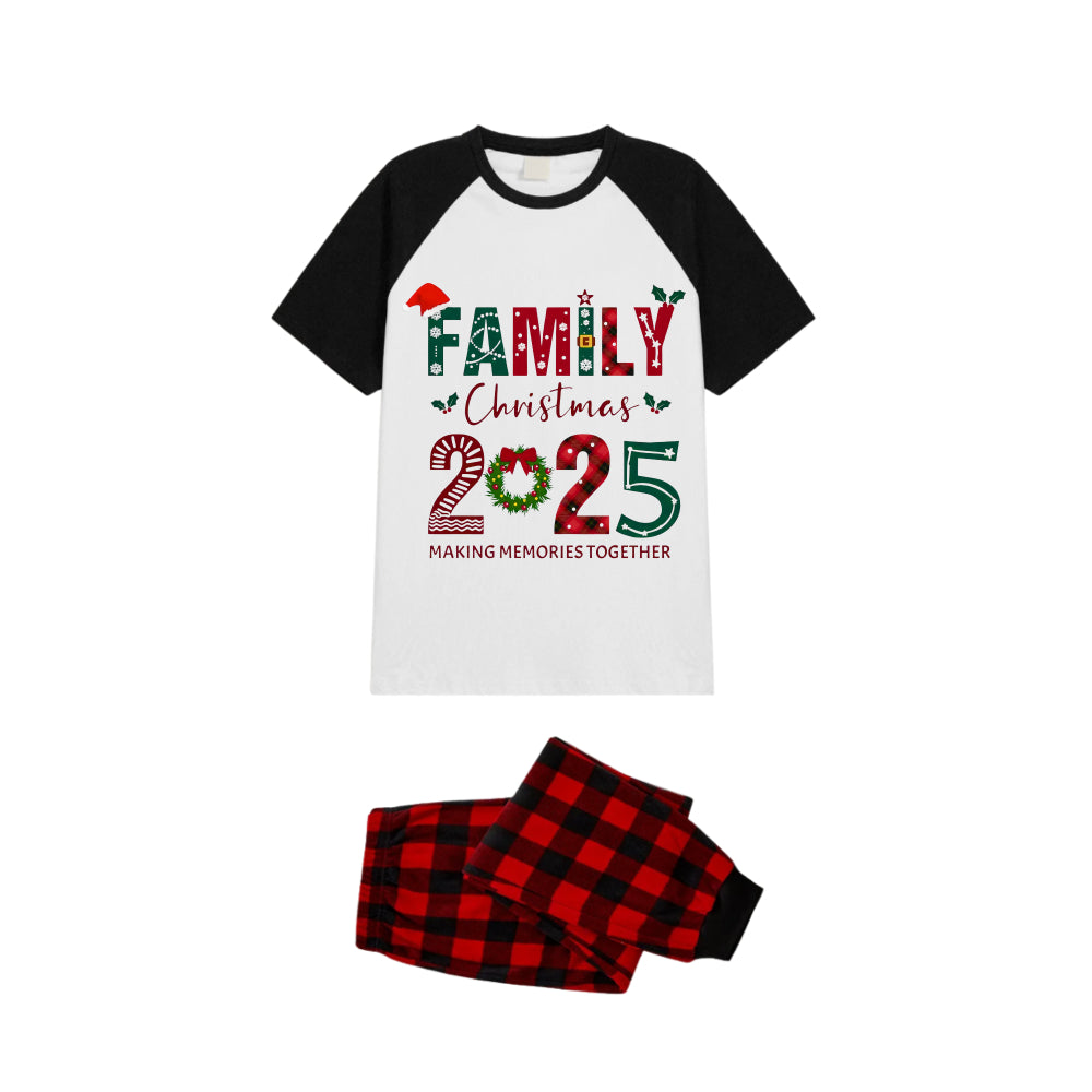 Black and Red Plaid Raglan Short Sleeve Pajamas Set With "Family Christmas 2025 Making Memories Together" Colorful Slogan Print