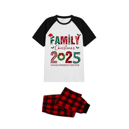 Black and Red Plaid Raglan Short Sleeve Pajamas Set With "Family Christmas 2025 Making Memories Together" Colorful Slogan Print