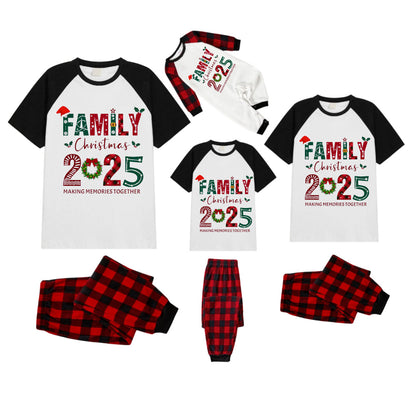 Black and Red Plaid Raglan Short Sleeve Pajamas Set With "Family Christmas 2025 Making Memories Together" Colorful Slogan Print