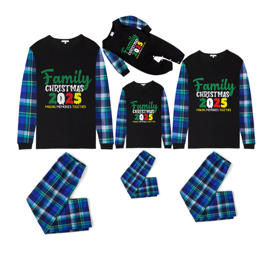 Blue and Green Plaid Christmas Pajamas Set With Making Memories Together and "FAMILY Christmas 2025" Text Print