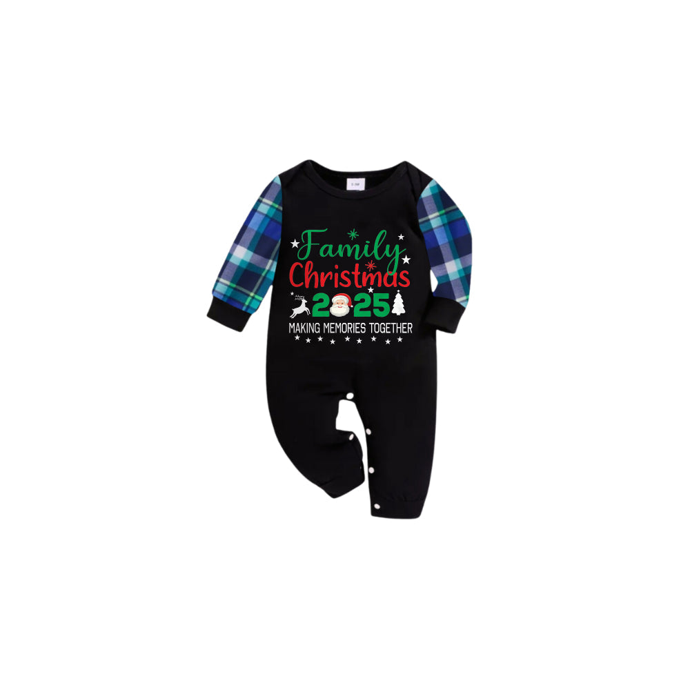 Blue and Green Plaid Christmas Pajamas Set With "Family Christmas 2025" Playful Text Print