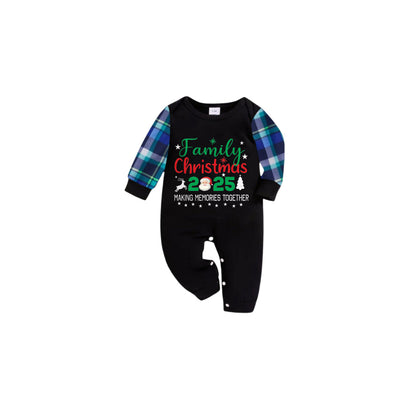 Blue and Green Plaid Christmas Pajamas Set With "Family Christmas 2025" Playful Text Print
