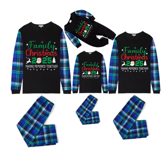 Blue and Green Plaid Christmas Pajamas Set With "Family Christmas 2025" Playful Text Print
