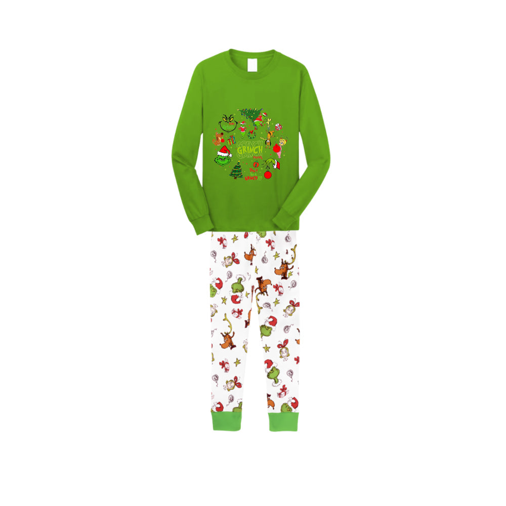 Christmas Family Matching Pajamas-Green Top and Grinch Pants Pjs Set with Grinch and Christmas Pattern Print